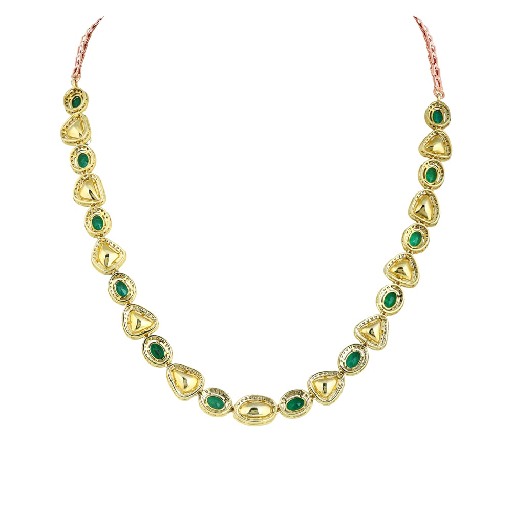 Oval Emerald Necklace with Unshaped Polki & Diamond Halo Borders